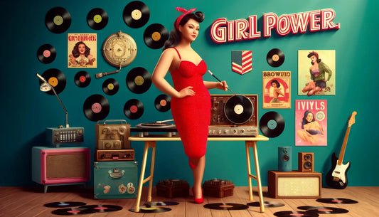 Femme Pin-up vêtue d'une robe rouge, au centre de l'image, posant avec assurance. Elle est devant une table où il y a une platine. Au fond de l'image, un mur bleu-vert décoré de disques vinyles et des lettres en led lumineuses écrivent "Girl Power". 